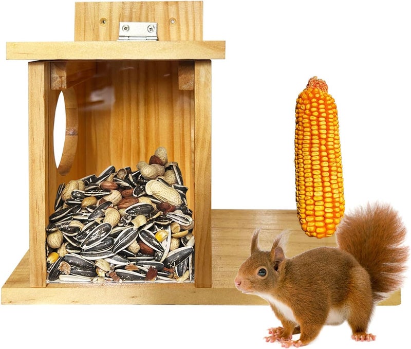 LENEDI Wooden Squirrel Feeder for Outside, Durable Chipmunk House Box Corn Holders for Peanuts, Top Lid Opens for Easy Filling & Clean with Removable Front Panel, Weatherproof - Image 1